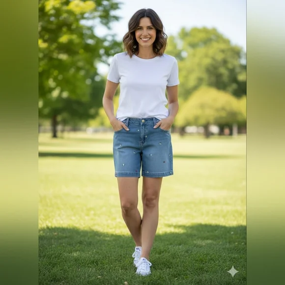 Seven7 Blue Jean Shorts with Floral Embroidery - Picture 2 of 7